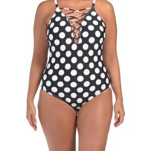 La Blanca Plus Size Lace-Up Tummy Control One-Piece Swimsuit Black Dot Goose 16W